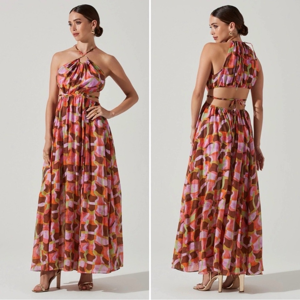 Astr Halter Maxi Dress in Pink Brown Abstract Print, Size Small NWOT never worn